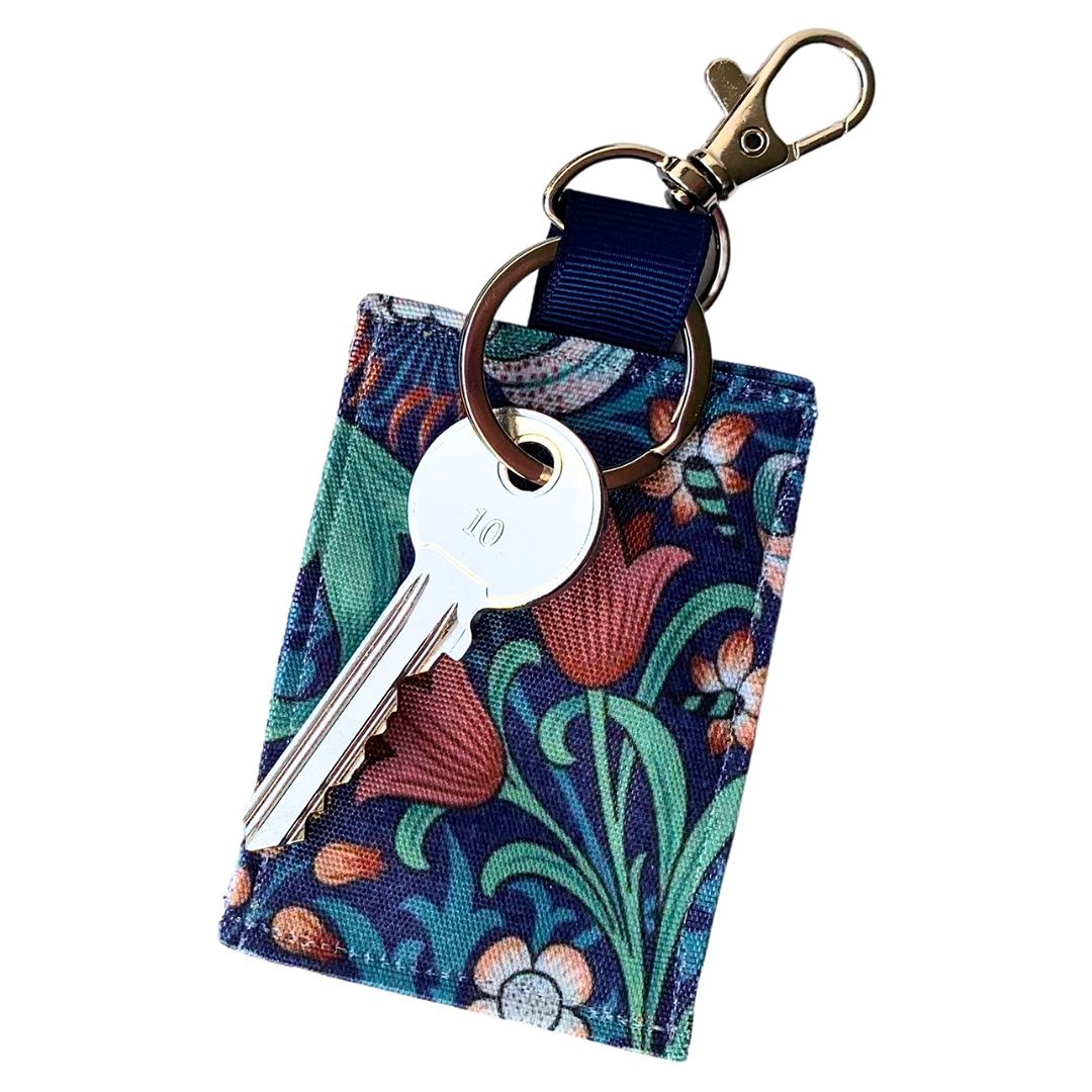 William Morris Golden Lily Midnight fabric keyring, handcrafted by Pawdrobe HQ for durability.