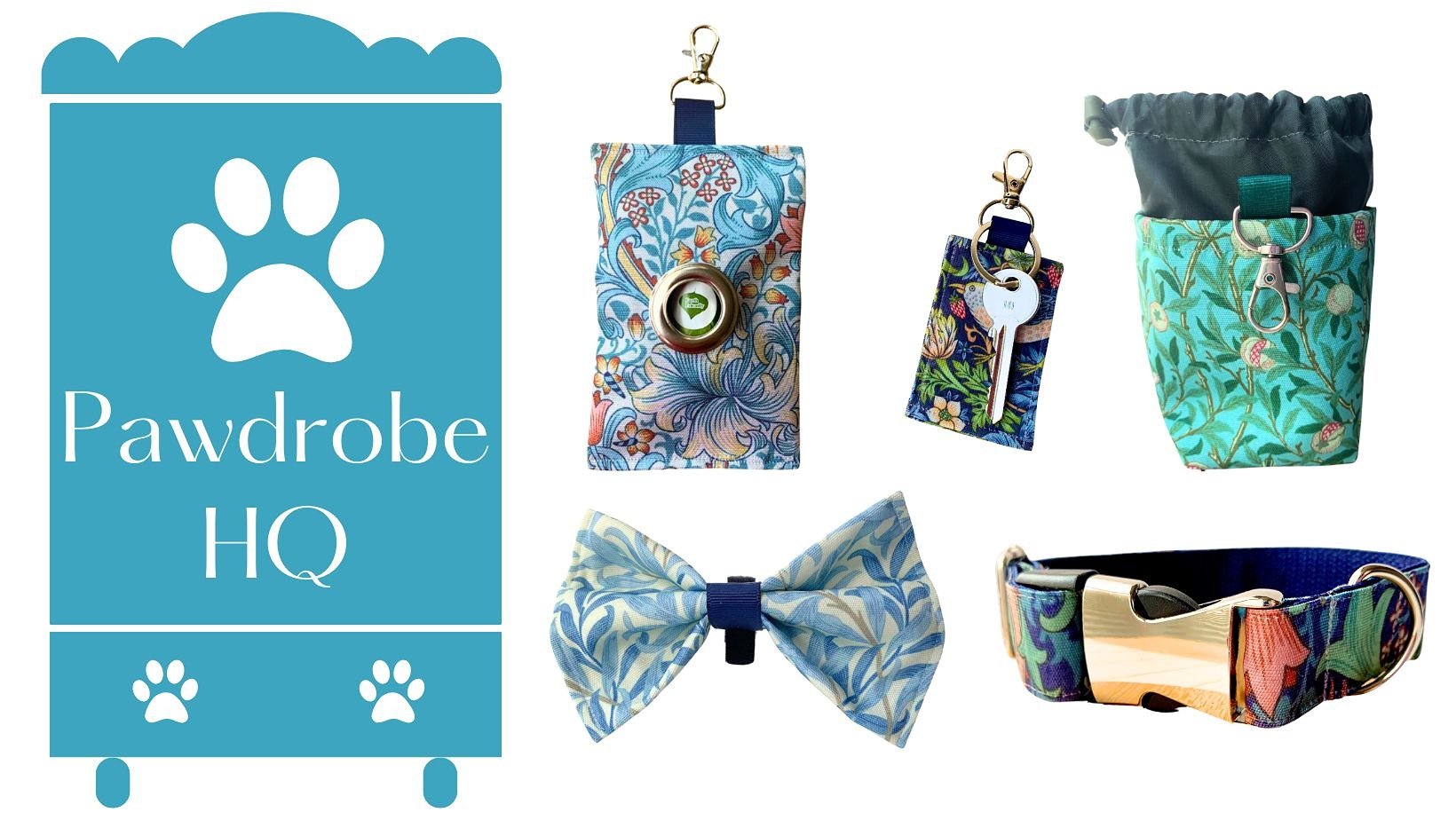 Two dogs on either side of the Pawdrobe HQ logo, one wearing a handcrafted bandana and the other a handcrafted bow tie featuring William Morris-inspired designs from Pawdrobe HQ.