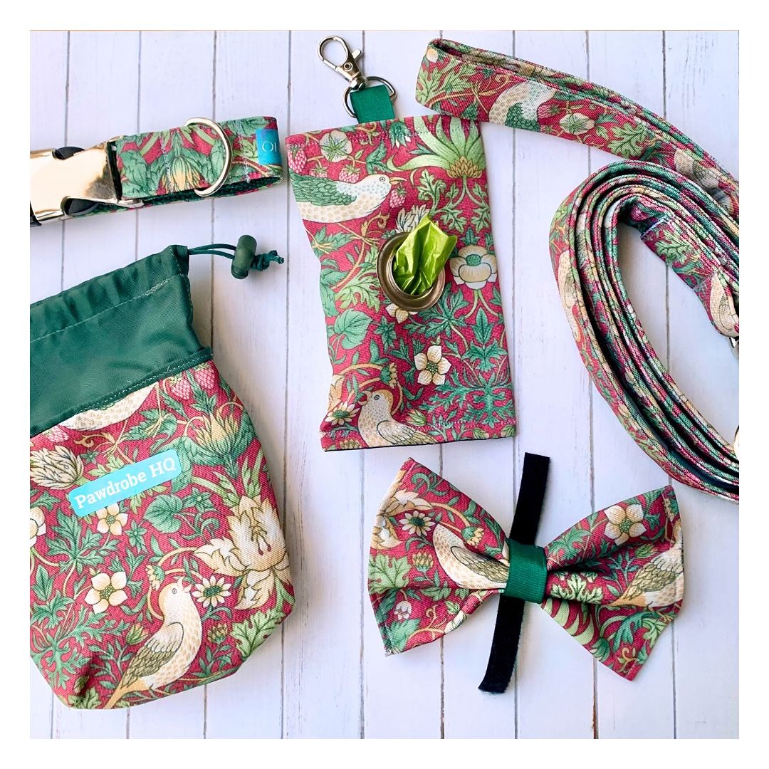 William Morris Strawberry Thief 5 Piece Dog Accessory Gift Set in crimson