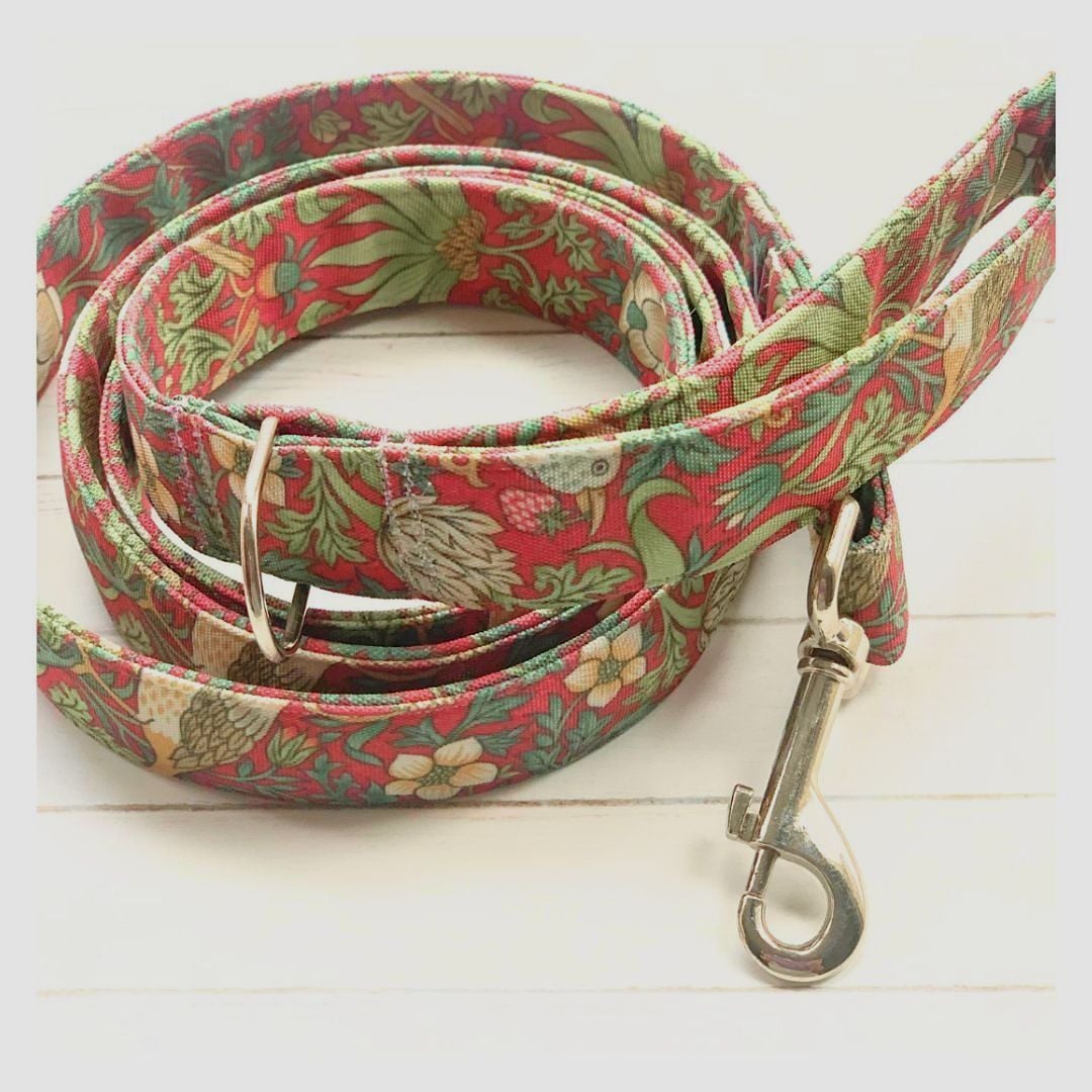 Pawdrobe HQ dog collar in William Morris Strawberry Thief design. Stylish dog accessories UK. Luxury dog walking accessories..