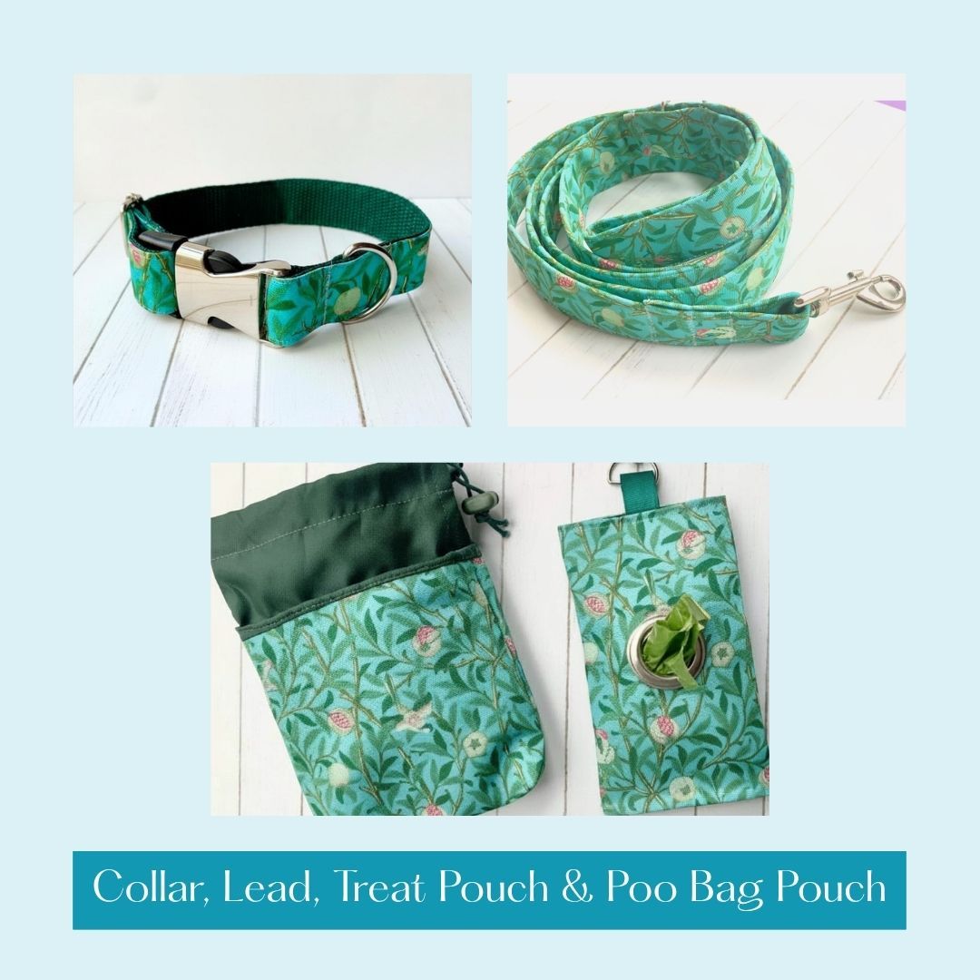 COLLAR, LEAD, POO BAG POUCH & TREAT POUCH - Bird & Pomegranate - Duck Egg