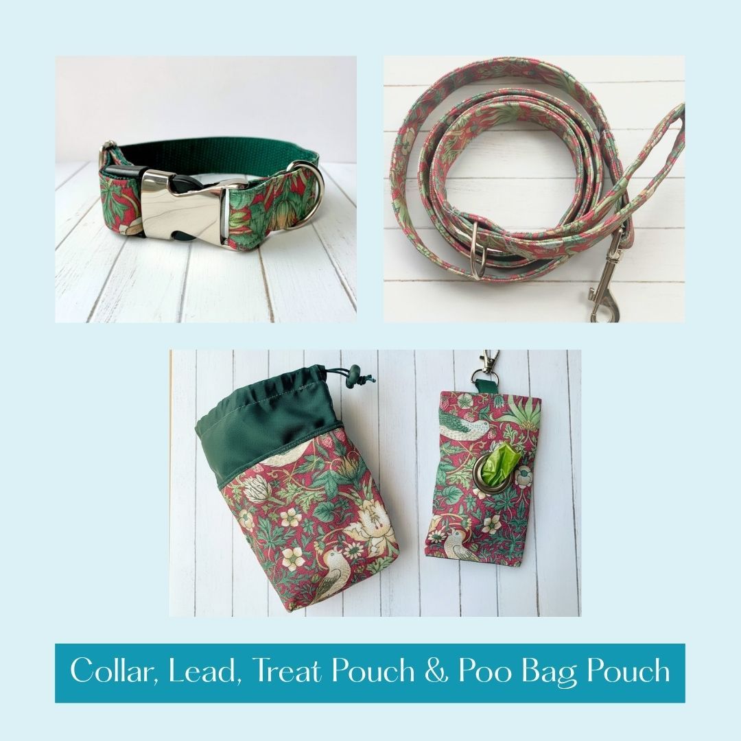 COLLAR, LEAD, POO BAG POUCH & TREAT POUCH - Strawberry Thief - Crimson