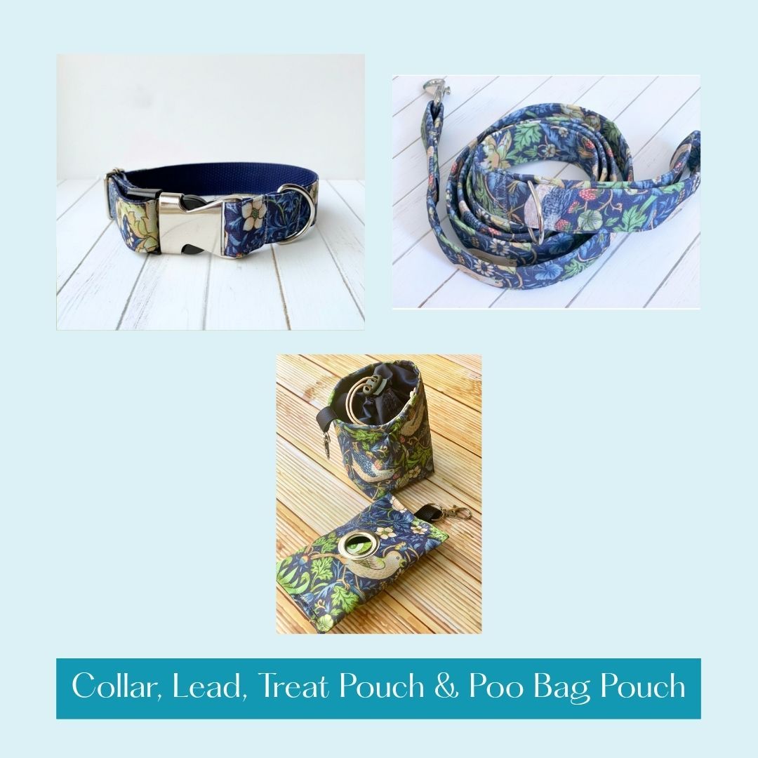 COLLAR, LEAD, POO BAG POUCH & TREAT POUCH - Strawberry Thief - Navy