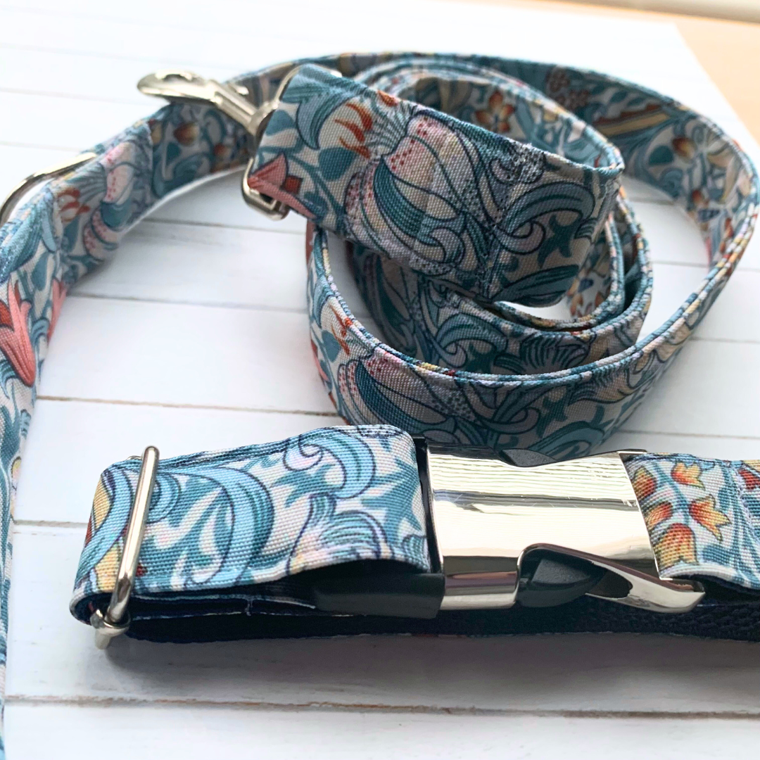 COLLAR, LEAD, POO BAG POUCH & TREAT POUCH - Golden Lily - Cornflower