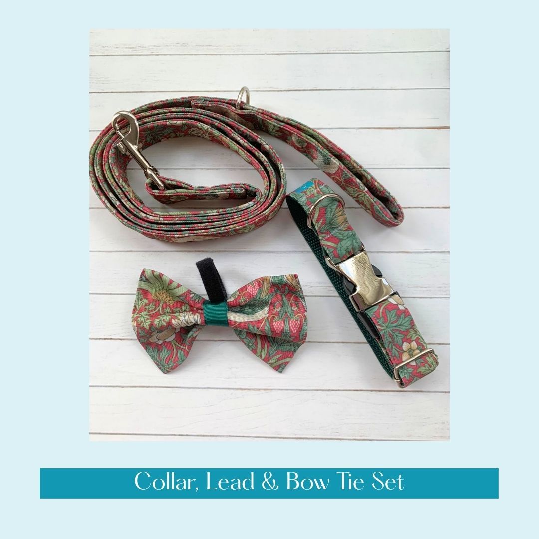 COLLAR, LEAD & BOW TIE - Strawberry Thief - Crimson