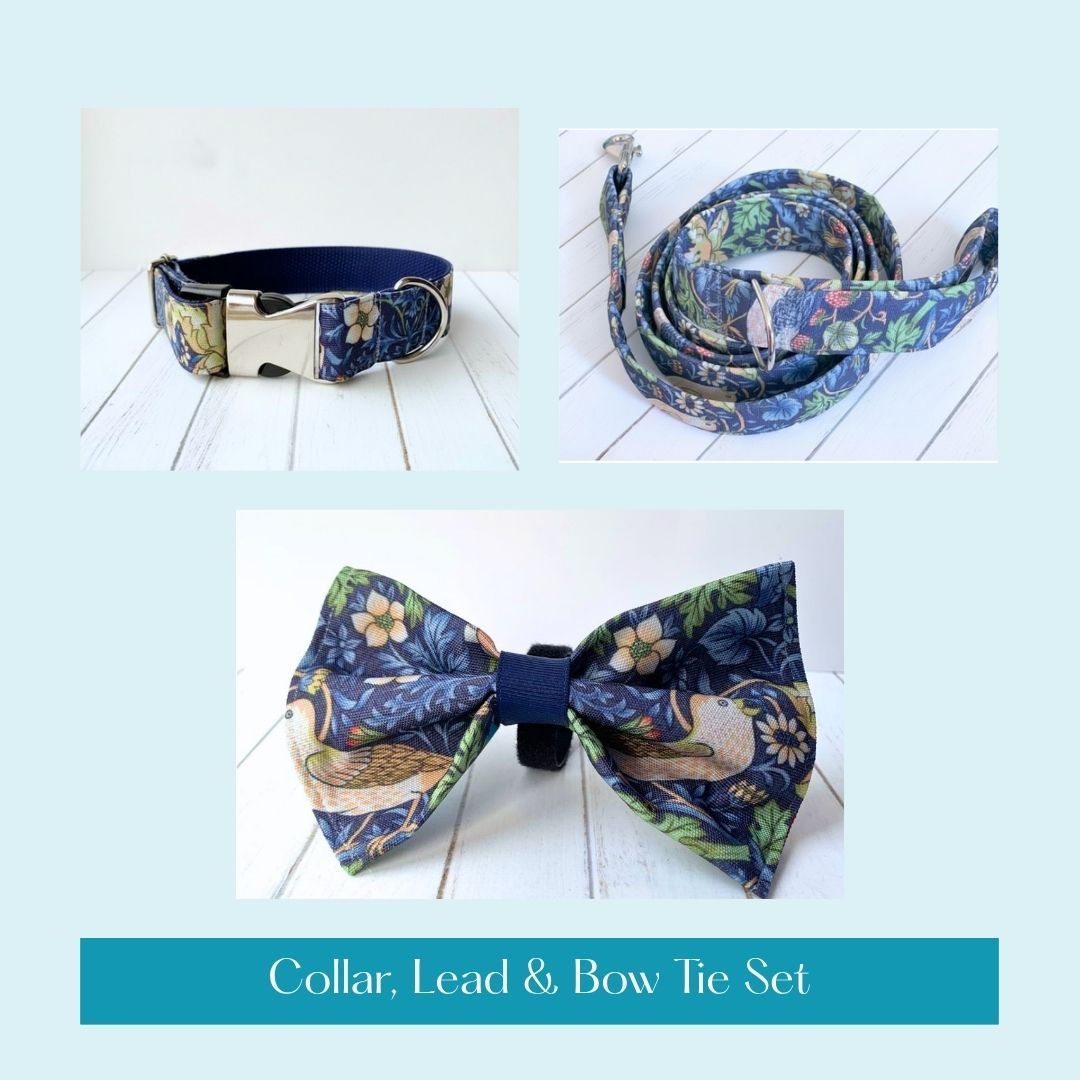 COLLAR, LEAD & BOW TIE - Strawberry Thief - Navy