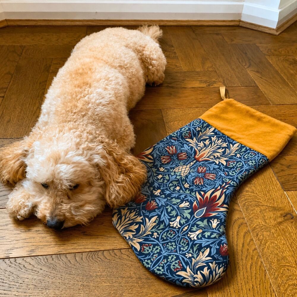 .Luxury Full Velvet Christmas Stocking &ndash; William Morris Snakeshead &ndash; Navy & Gold