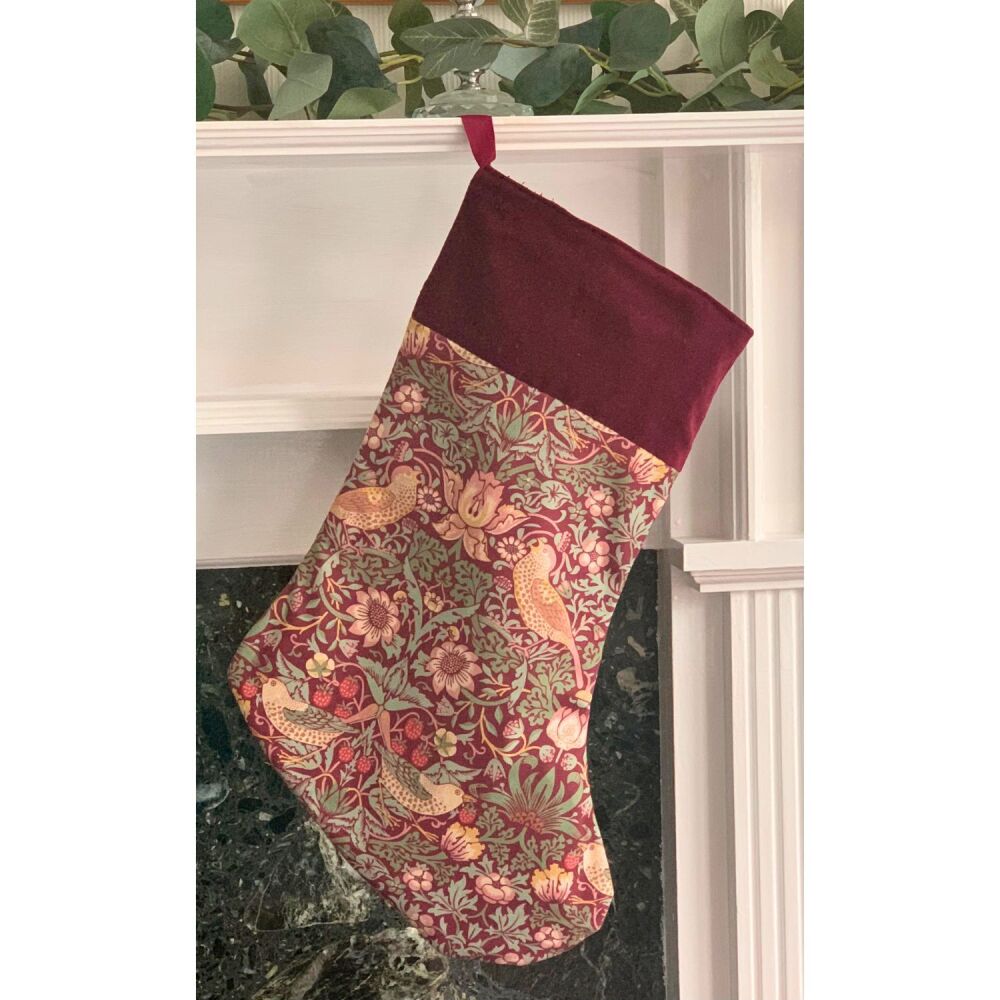 .Christmas Stocking William Morris Strawberry Thief Burgundy Velvet  | Pawdrobe HQ