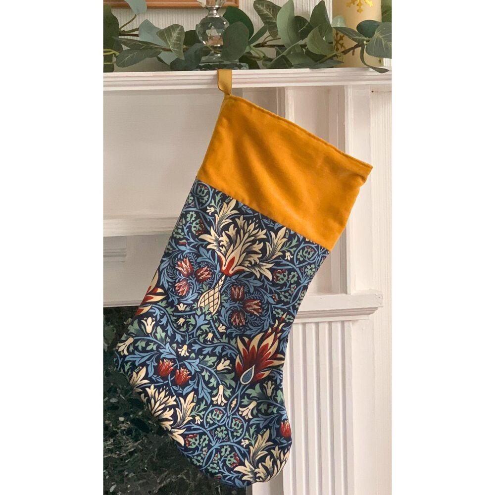 .Luxury Full Velvet Christmas Stocking &ndash; William Morris Snakeshead &ndash; Navy & Gold