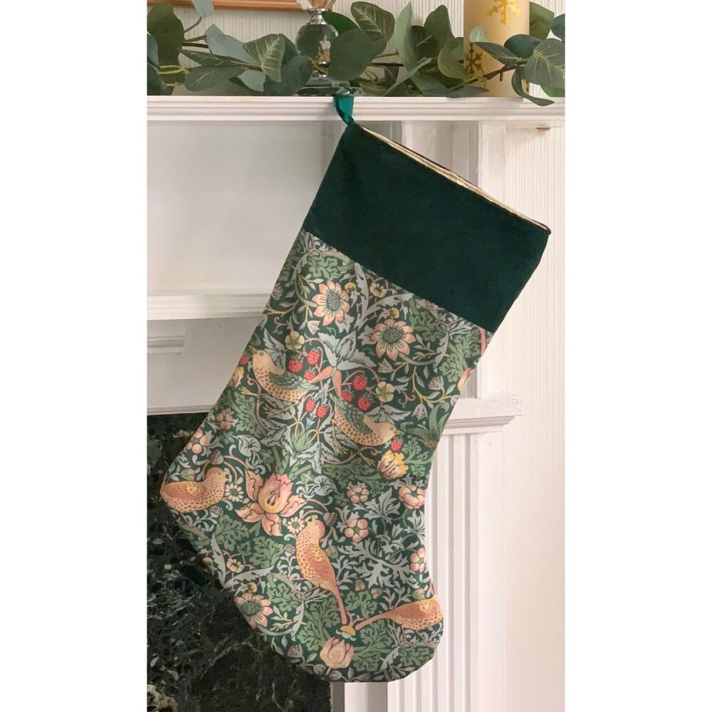 .Christmas Stocking Full Velvet &ndash; William Morris Strawberry Thief &ndash; Forest | Handmade Christmas Stocking for Dogs & Humans