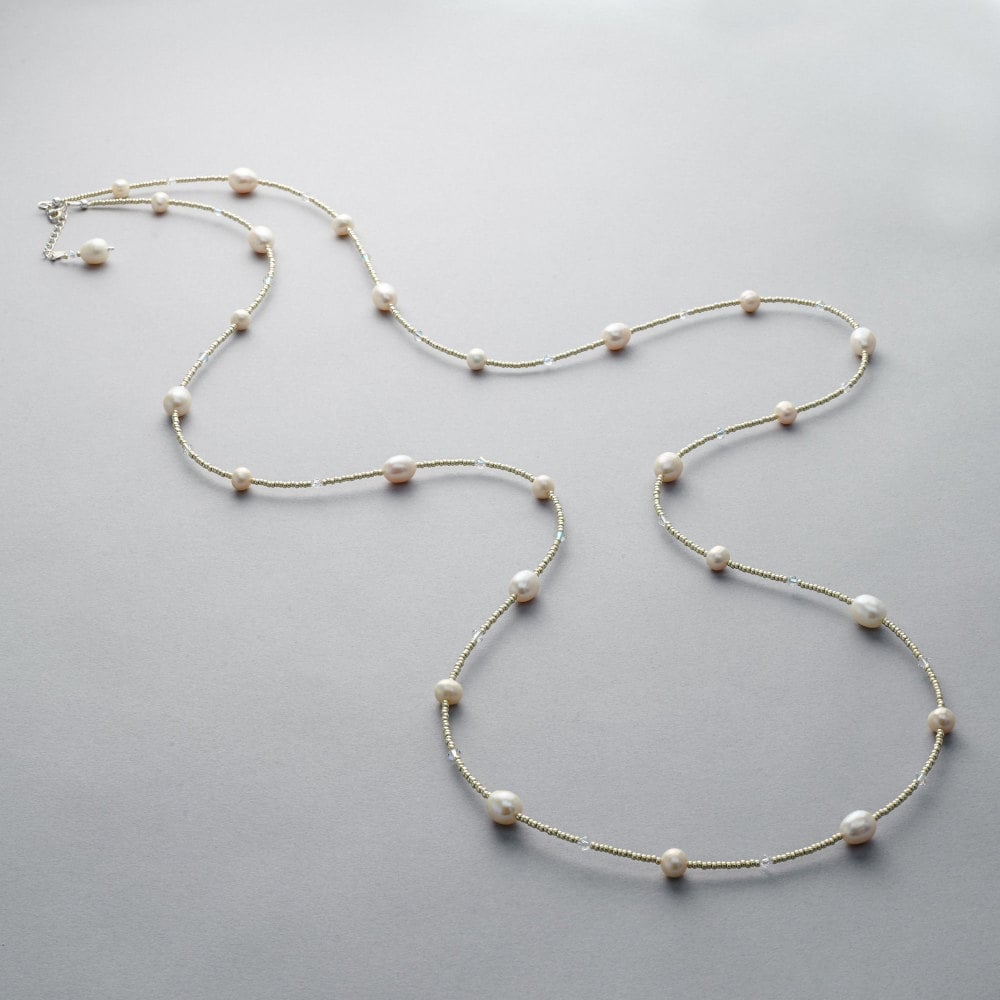 Necklace - Long, Freshwater Pearls and Swarovski Crystals, Silver Clasp