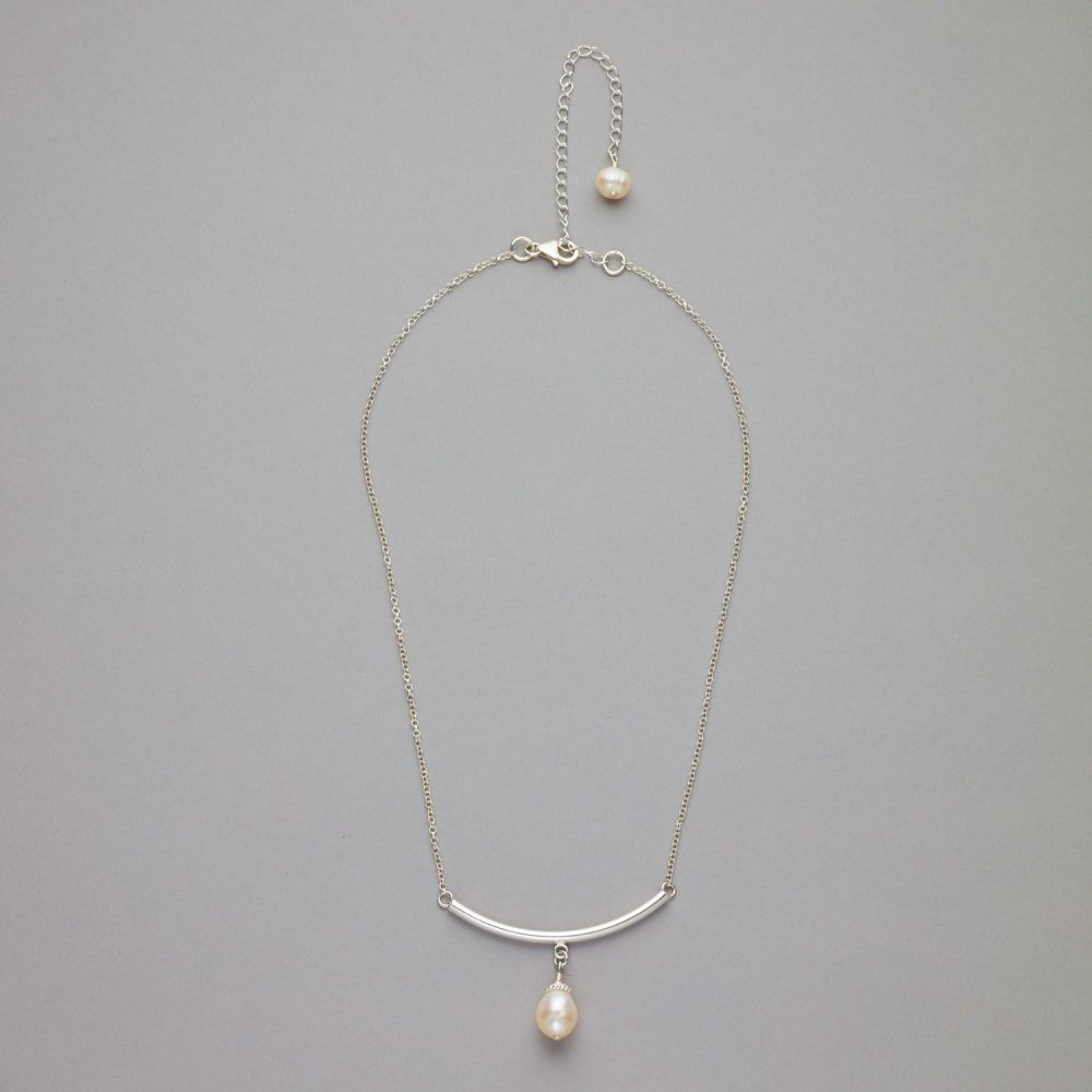 Necklace - Fresh water pearl, silver bar pendant