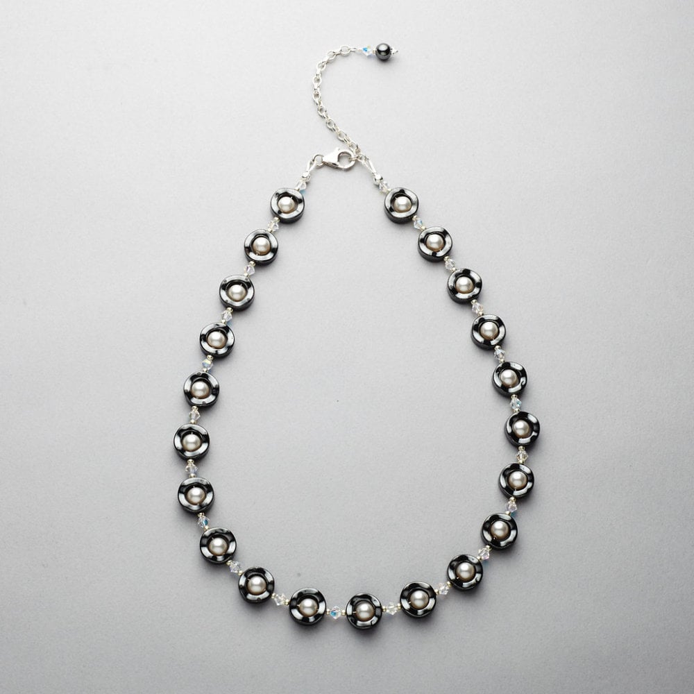 Necklace - Hematite with Swarovski Pearl and Crystal White