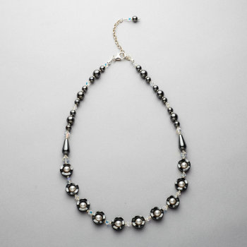 Necklace - Hematite with Swarovski white pearls and crystals