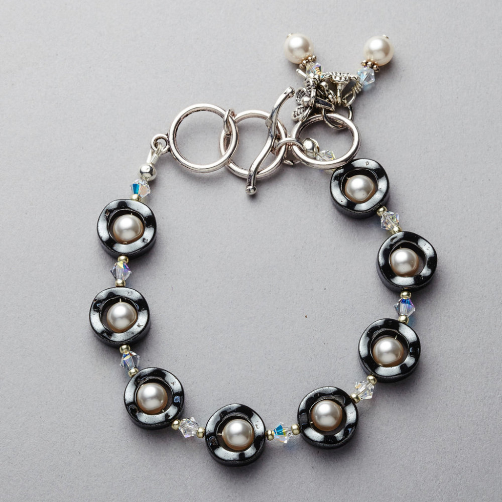 Bracelet - Hematite with Swarovski Pearls and Crystals 