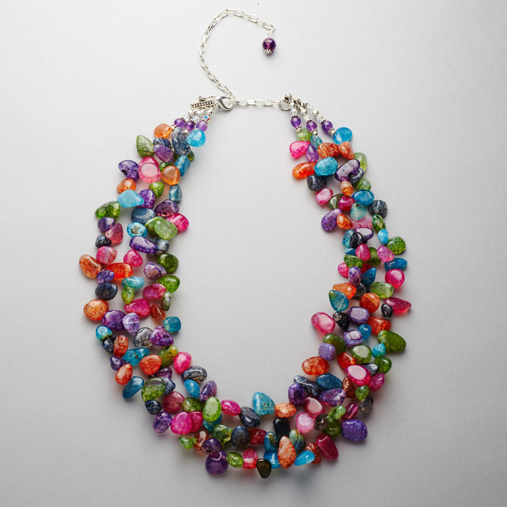 Necklace - Multi coloured agate, with amethyst and Swarovski crystal