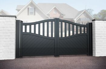 Aluminium double gates partial privacy with diagonal boards and a bell shape slatted top