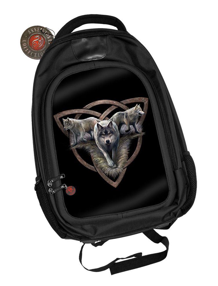 3D Black Oxford Polyester Backpack - Wolf Trio - Anne Stokes