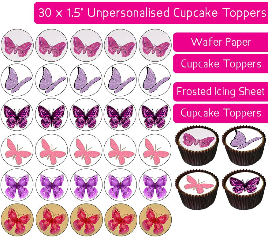 Butterflies Pink/Purple - 30 Cupcake Toppers