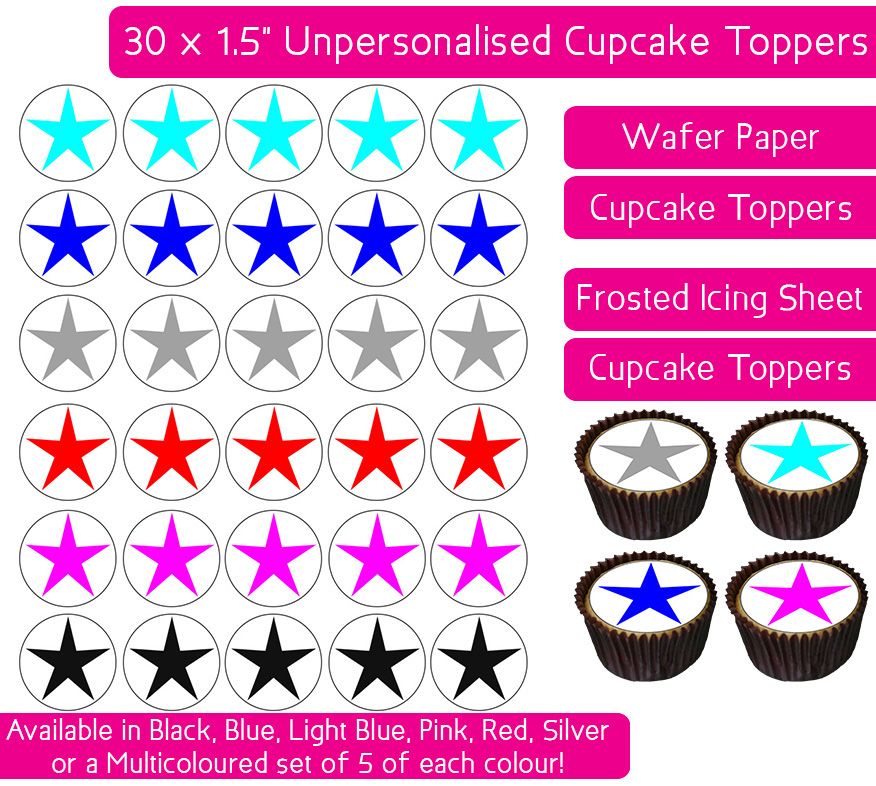 Coloured Stars - 30 Cupcake Toppers