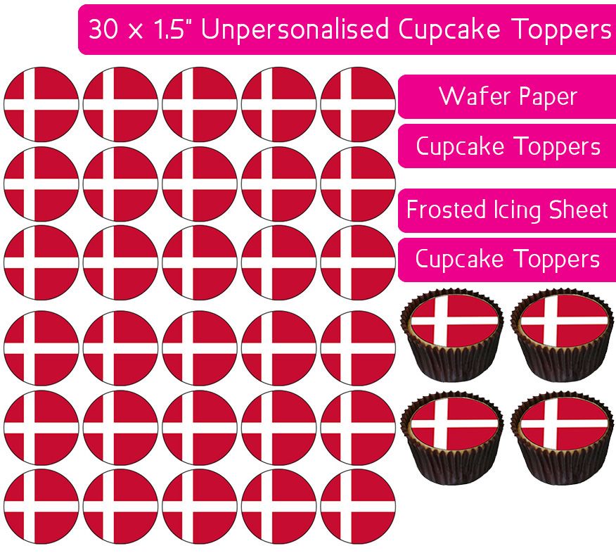 Denmark Flag - 30 Cupcake Toppers