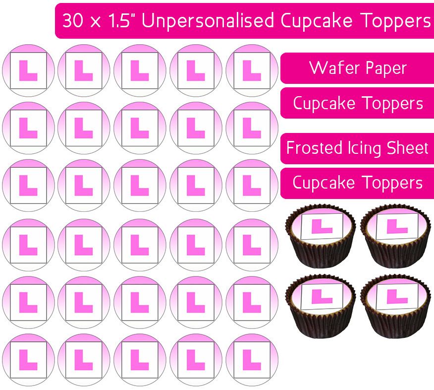 L Plate - Pink - 30 Cupcake Toppers