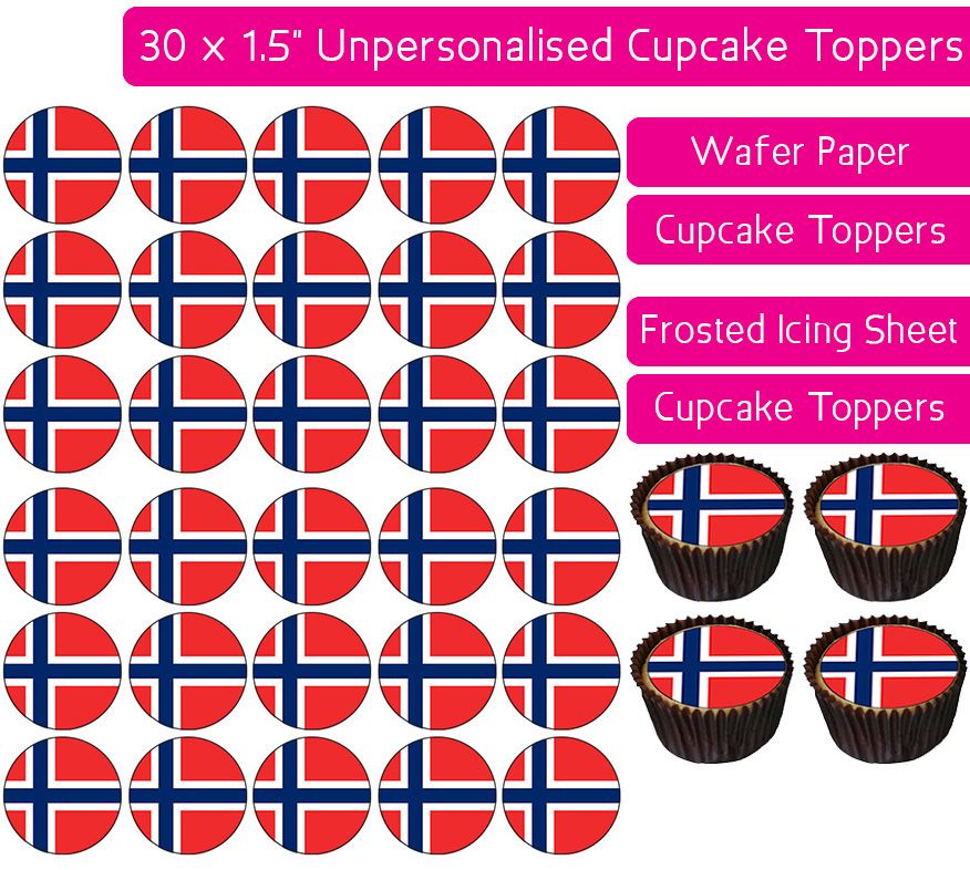 Norway Flag - 30 Cupcake Toppers