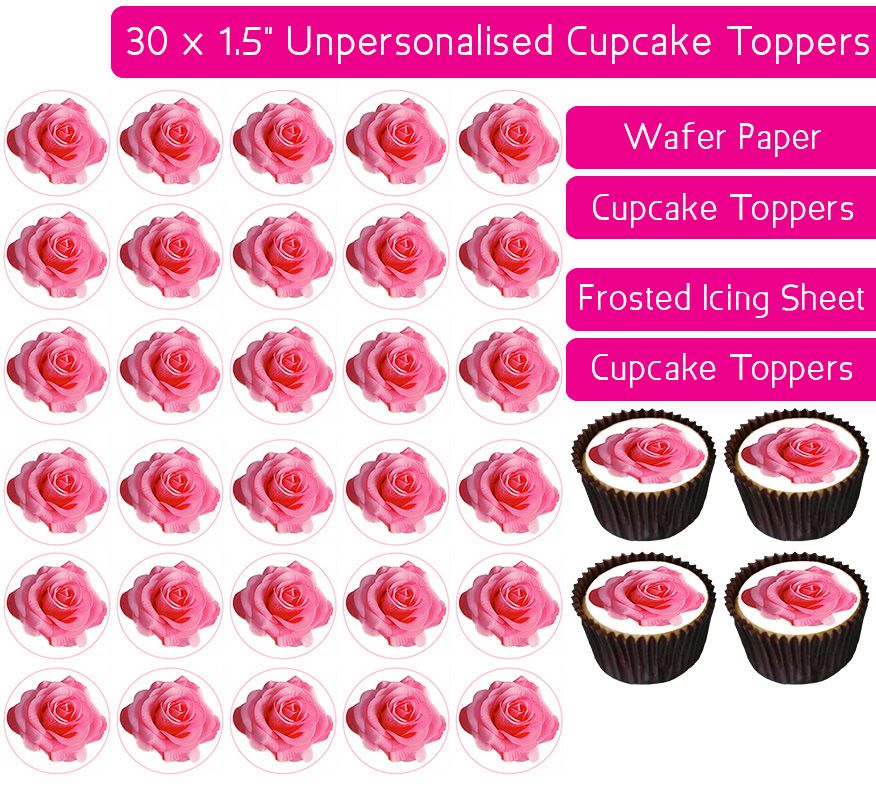 Pink Rose Plain - 30 Cupcake Toppers