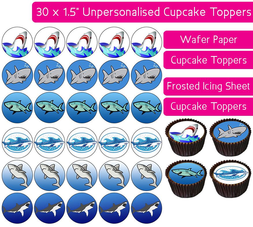 Shark Cartoon - 30 Cupcake Toppers