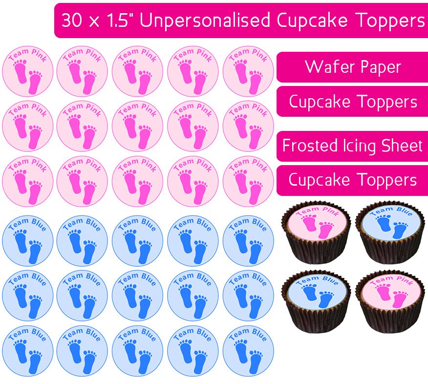 Team Blue/Pink Feet - 30 Cupcake Toppers