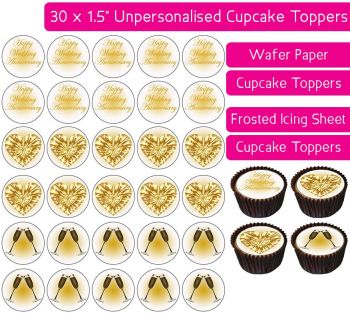 Wedding Anniversary - Gold / Golden - 30 Cupcake Toppers