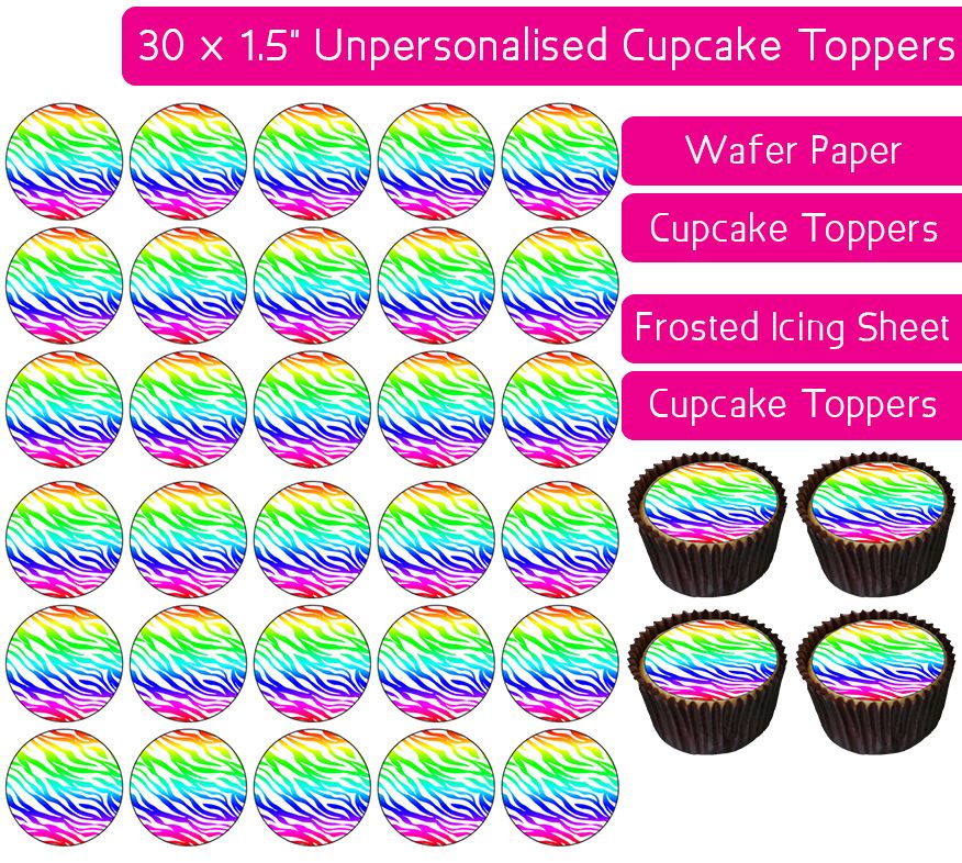 Zebra Print - Rainbow - 30 Cupcake Toppers