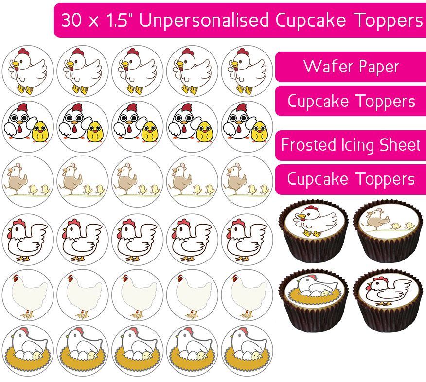 Chickens Cartoon - 30 Cupcake Toppers
