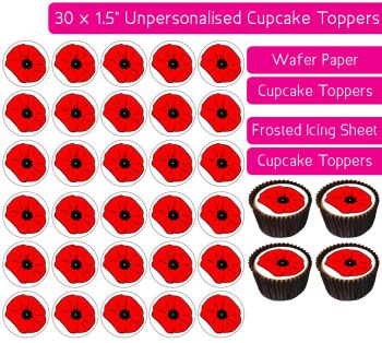 Red Poppy - 30 Cupcake Toppers