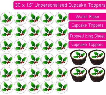 Christmas Holly - 30 Cupcake Toppers