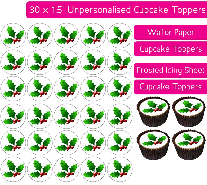 Christmas Holly - 30 Cupcake Toppers