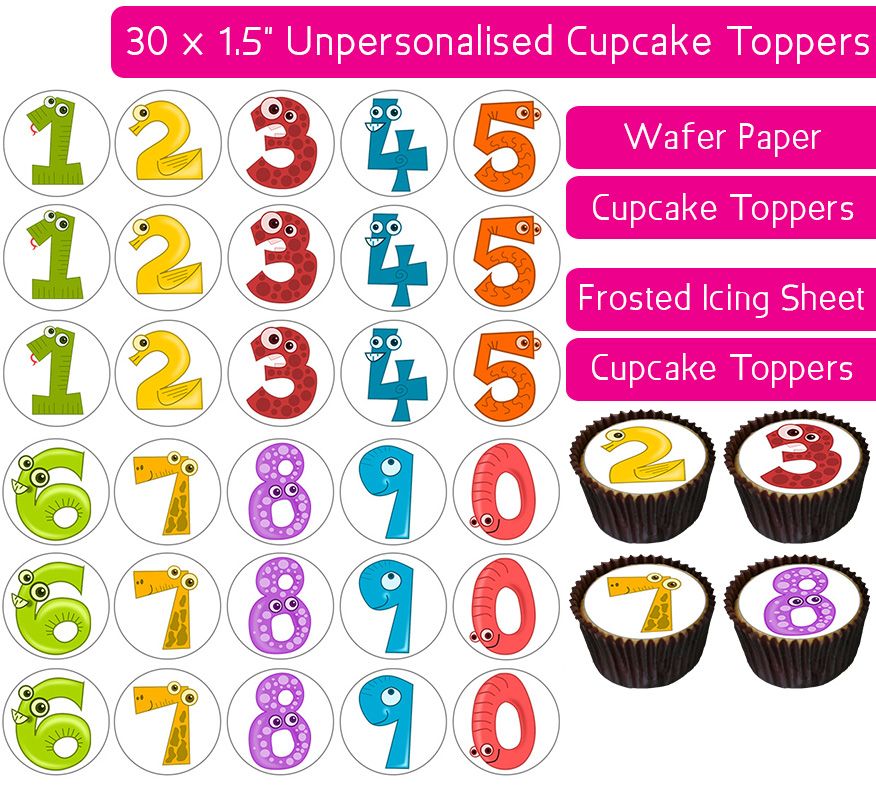 Cartoon Numbers - 30 Cupcake Toppers