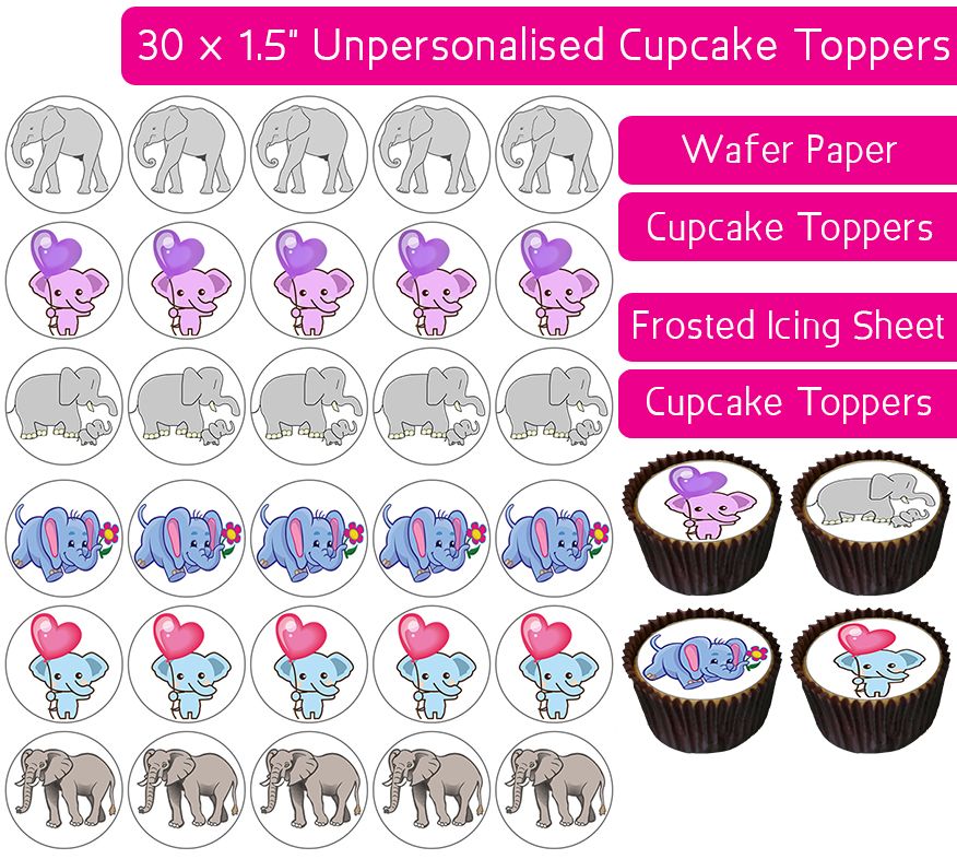 Cartoon Elephants - 30 Cupcake Toppers