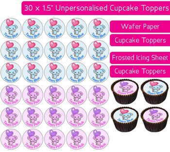 Team Blue/Pink Elephants - 30 Cupcake Toppers