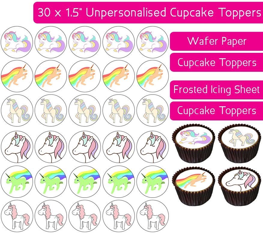 Unicorn Colourful - 30 Cupcake Toppers