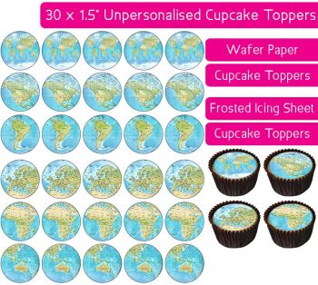 World Map - 30 Cupcake Toppers