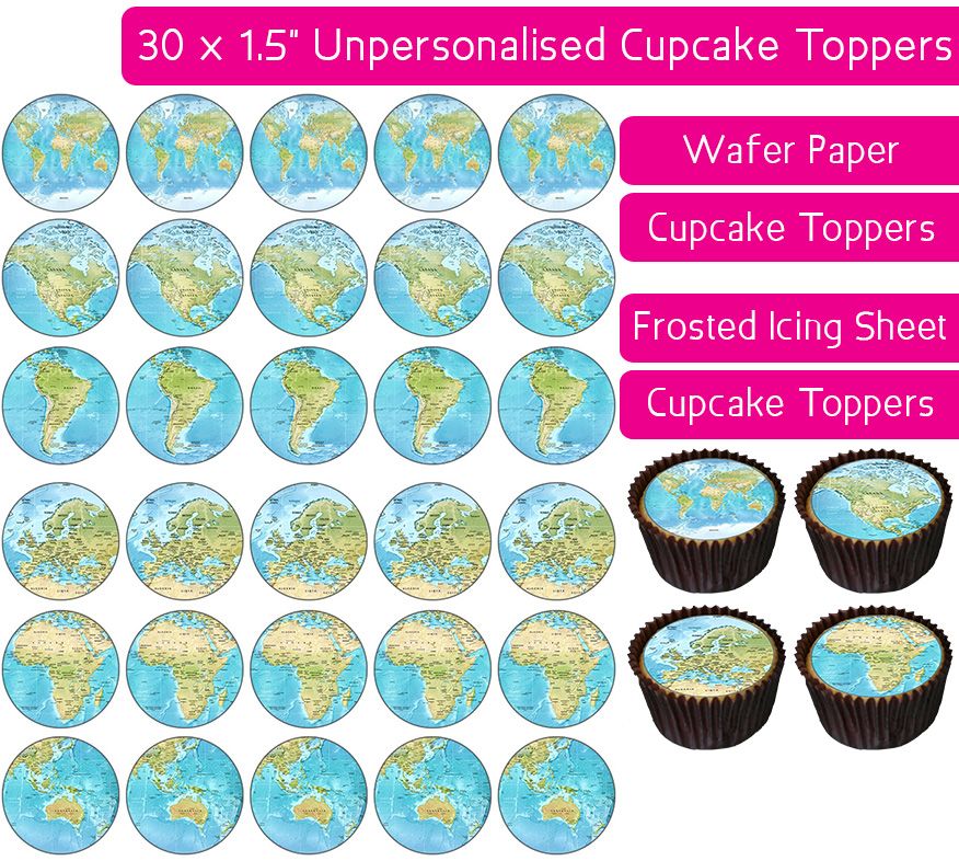 World Map - 30 Cupcake Toppers