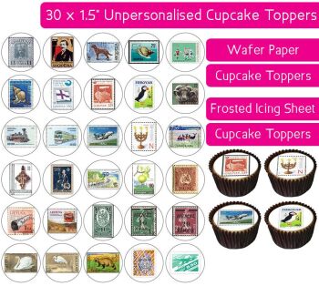 Vintage Stamps - 30 Cupcake Toppers