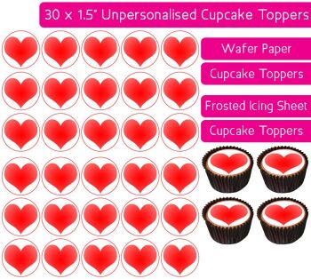 Red Love Hearts - 30 Cupcake Toppers