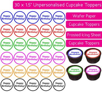 Happy Birthday Coloured Text - 30 Cupcake Toppers