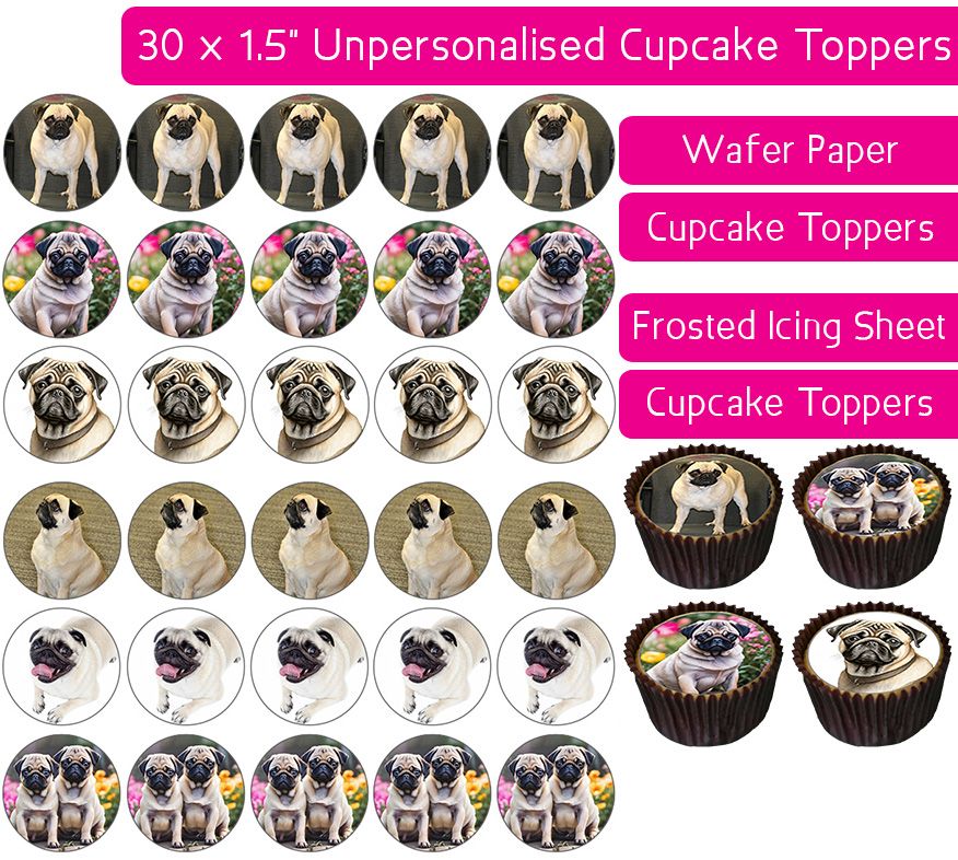Dogs (Pug) - 30 Cupcake Toppers