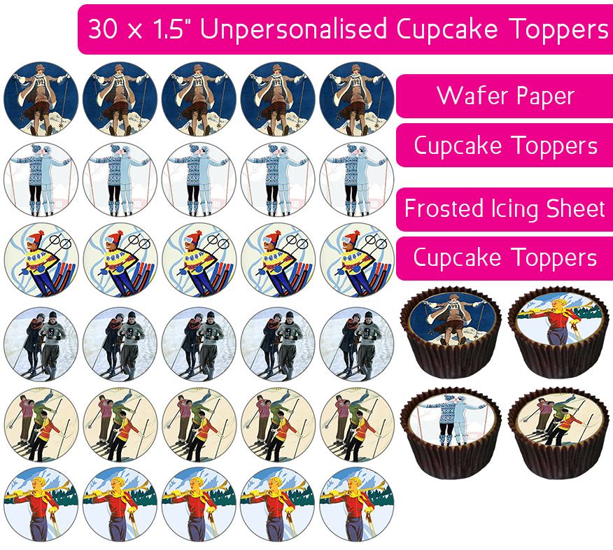 Vintage Skiing - 30 Cupcake Toppers
