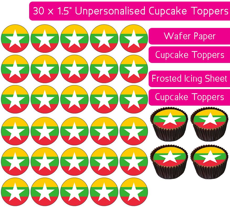 Myanmar Flag - 30 Cupcake Toppers