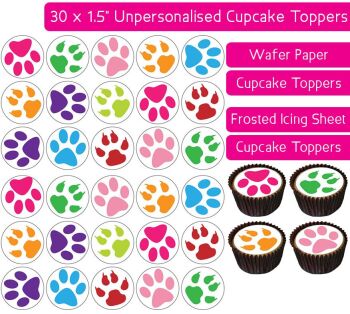 Paw Prints Coloured - 30 Cupcake Toppers