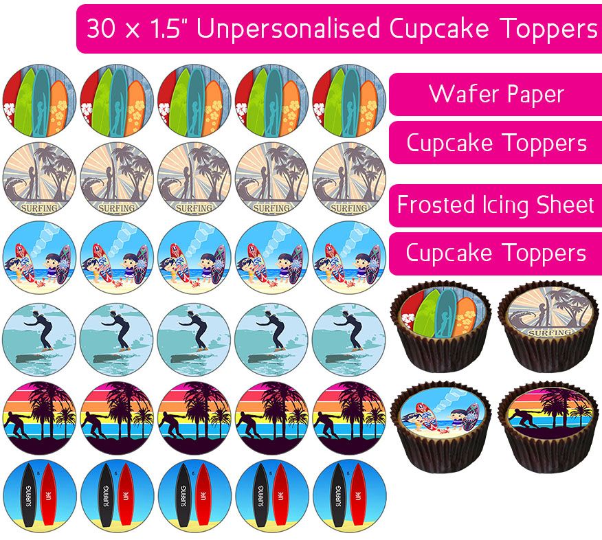 Cartoon Surfing - 30 Cupcake Toppers